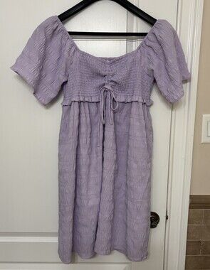 Dress Up Women's Lavender Smocked Puff Sleeve Knee Length Sundress Size L
